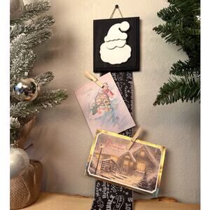 Santa Christmas Holiday Card Holder Black Wooden Topper Black Script Ribbon